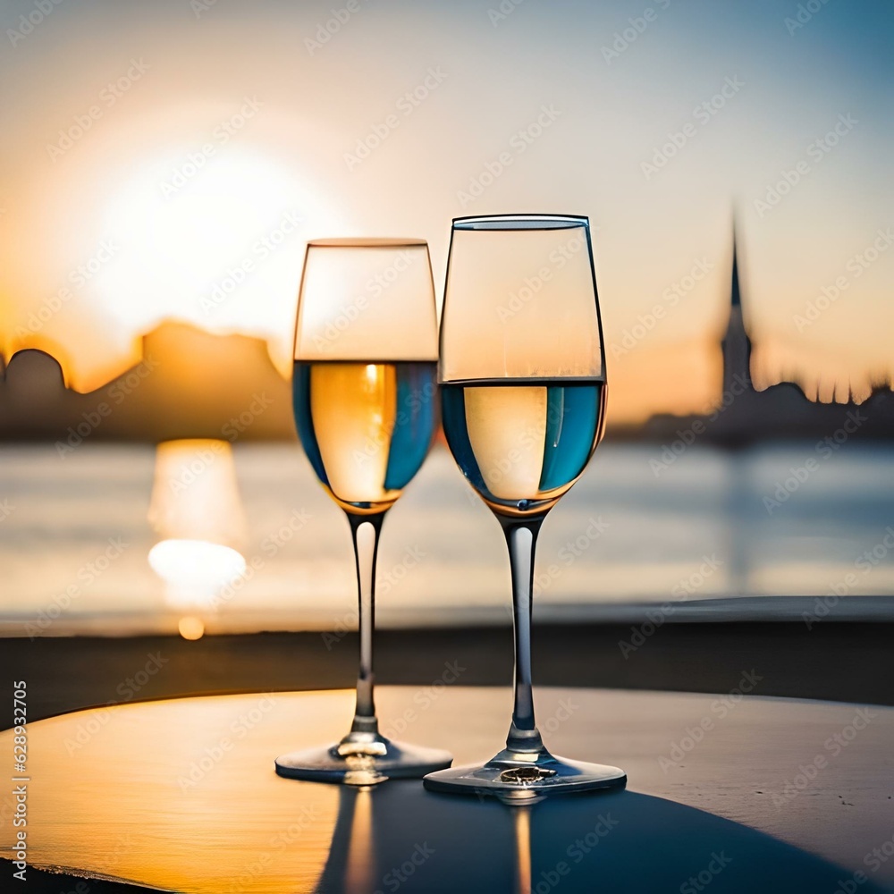 Two glasses of champagne at water view during sunset, romantic ambie, couple, generative AI