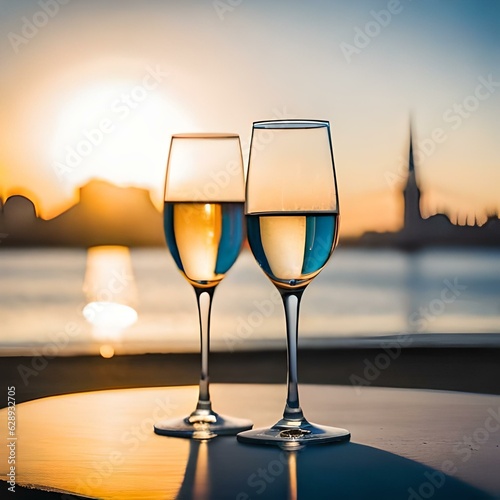 Two glasses of champagne at water view during sunset  romantic ambie  couple  generative AI