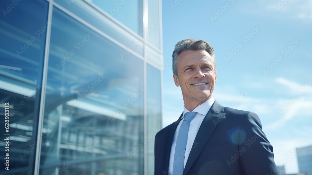 A Happy Senior Business Executives standing outside Glass Building Looking Outside like Successful Investors and Owners in business suits. Generated with AI. A Happy Senior Business Executives standing outside Glass Building Looking Outside like Successful Investors and Owners in business suits. Generated with AI.