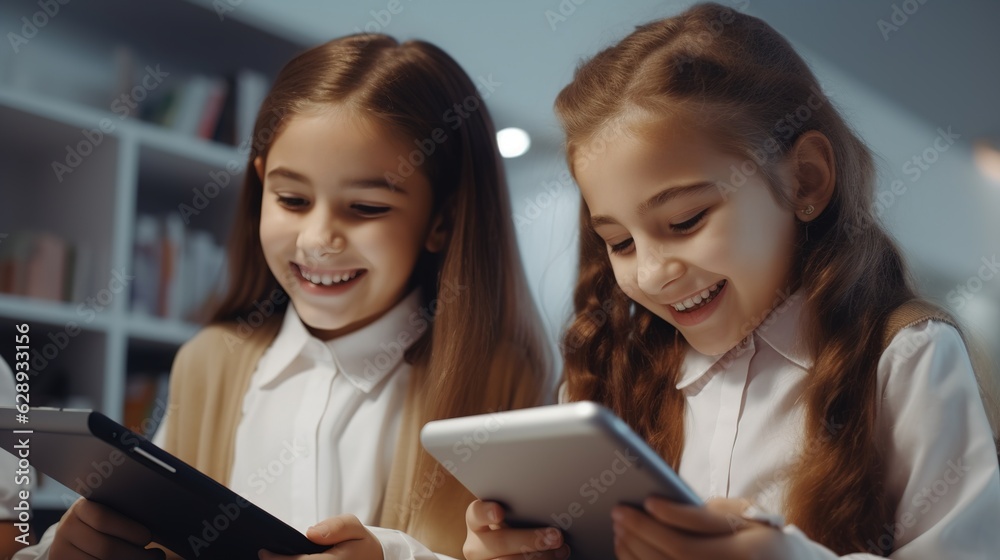 A Cheerful group of various schoolchildren laughing surfing the internet Happy girl schoolgirl using tablet in class Generated with AI. A Cheerful group of various schoolchildren laughing surfing the internet Happy girl schoolgirl using tablet in class Generated with AI.