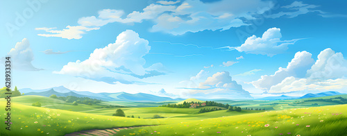 Abstract summer meadow landscape with sunny blue sky and green grass fields. Peaceful background. Generative AI
