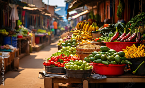 A lively open market with colorful fruits and vegetables. Traveling in Asia and South America. Generative AI