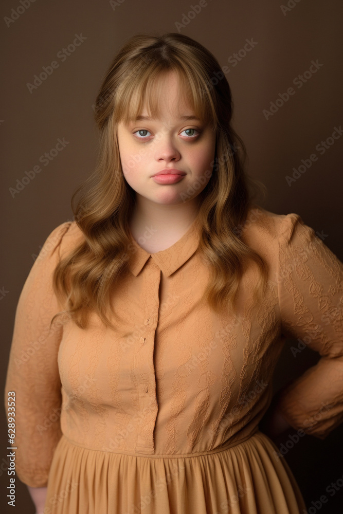 A portrait of a student girl friendly elementary university girl with Down Syndrome on a professional photographic background in a studio. She is dressed in an elegant girly dress Generated Ai