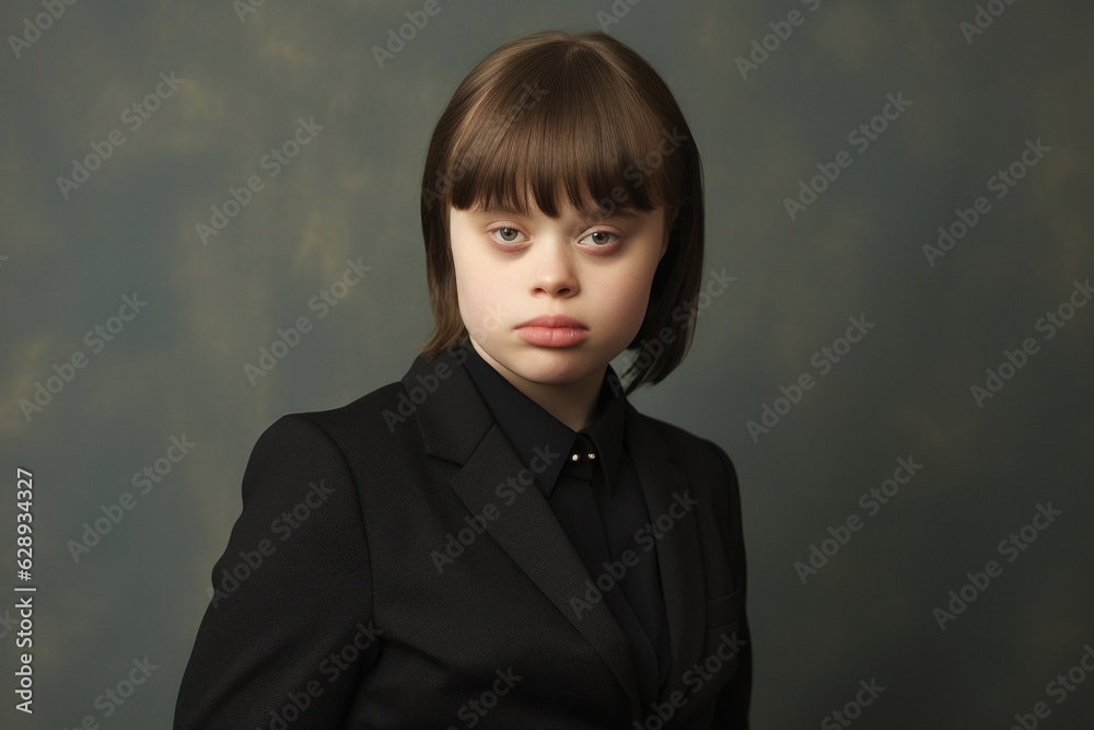 Portrait of a young student girl with Down syndrome in elegant suit on a professional backdrop in a photo studio. Generated Ai