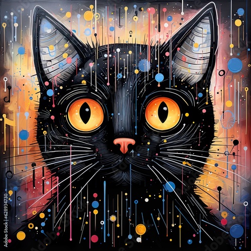 colorful cat on a background with  playful geometry, in the style of precision painting, playful abstraction, spray painted realism, dotted, detailed painting, caninecore, lowbrow art,  Generative Ai photo