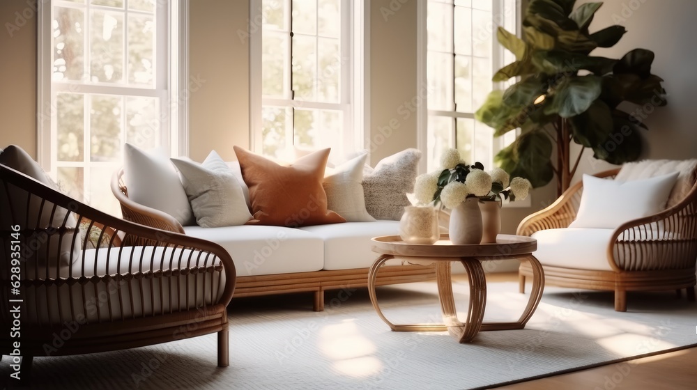 Naklejka premium Interior design living room in boho style with sofa and rattan armchair.