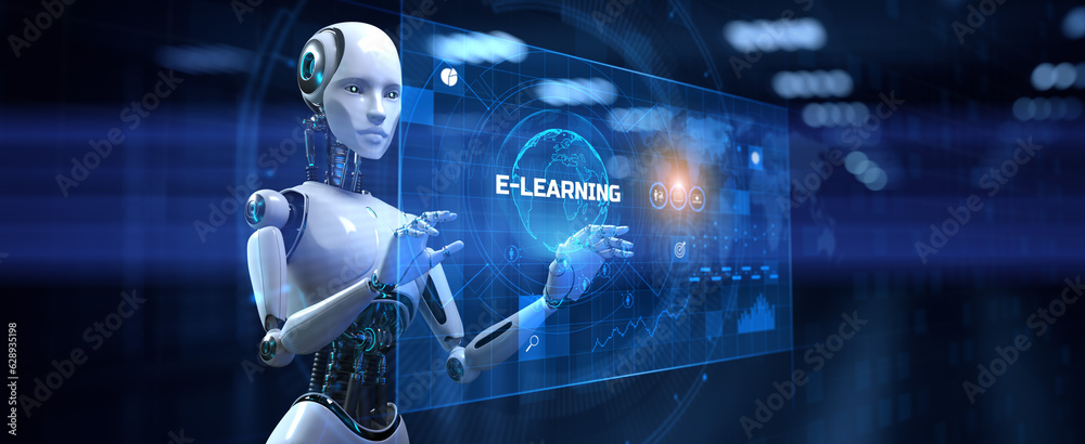 Obraz premium E-learning EdTech education technology concept. Robot pressing button on screen 3d render.