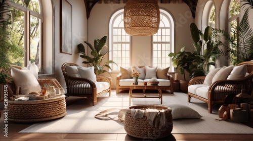 Interior design living room in boho style with sofa and rattan armchair.