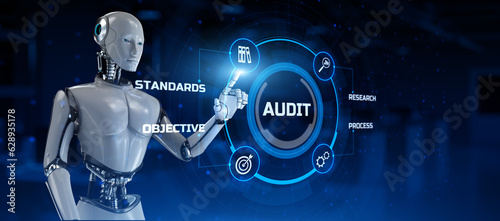 Audit Robotic process automation RPA concept. Robot pressing button on screen 3d render.