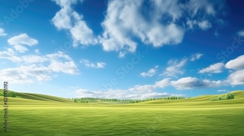 Minimalist idyllic natural with green mowed grass meadow and blue sky.