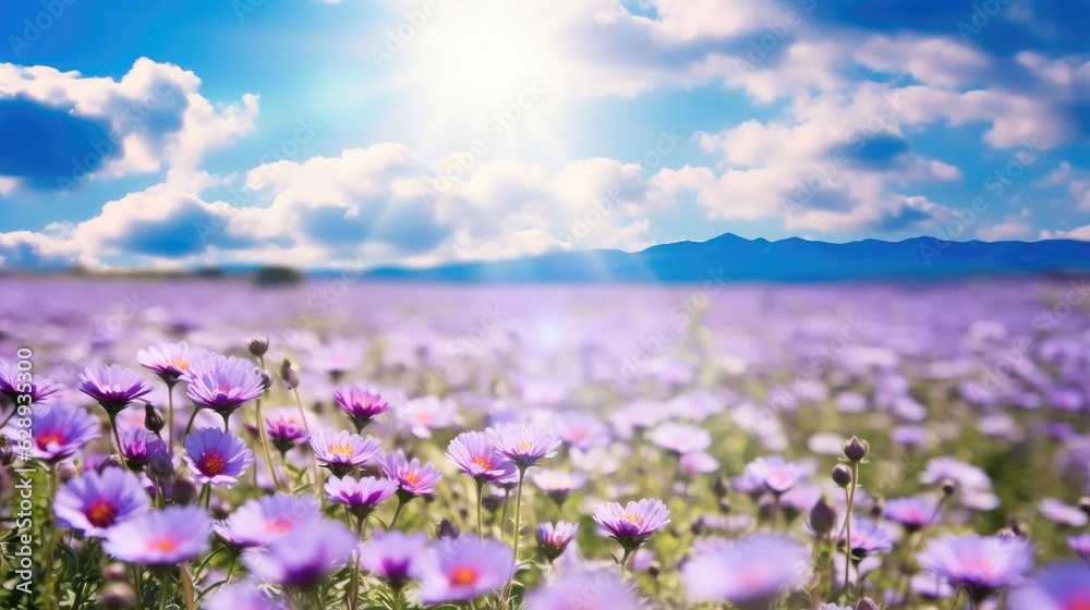Beautiful spring summer natural with a field of purple clover flowers and chamomile against blue sky.