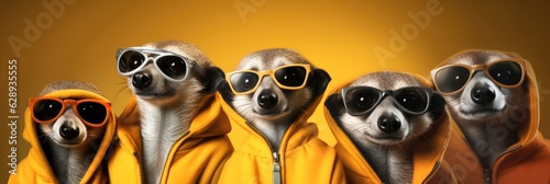 Group of Meerkat in vibrant bright fashionable on yellow background, Creative animal concept.