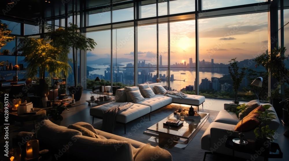 Modern living room overlooking hong kong in a luxury penthouse with floor to ceiling windows.