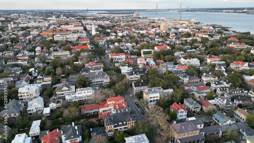 Aerial view of Charleston, South Carolina in a bright sunny day