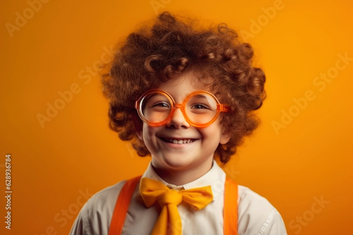 Portrait of little kid boy in glasses and bowtie on orange background. Kindergarten or school kid