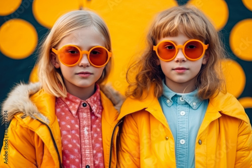 Two Preteen girls in colorful glasses in trendy winter autumn outfit. Kid's fashion concept