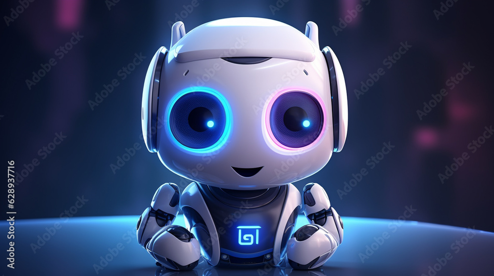 Cute little robot waving hello smiling, waist up portrait over blue background. 3D digital illustration Cute little robot waving hello smiling, waist up portrait over blue background. 3D digital illustration