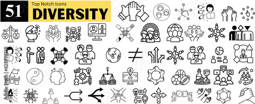 51 diversity and inclusion icon set. this set showcases different facets of human identity, such as race, ethnicity, gender, sexuality, religion, disability.  posters, flyers, logos, stickers, banners