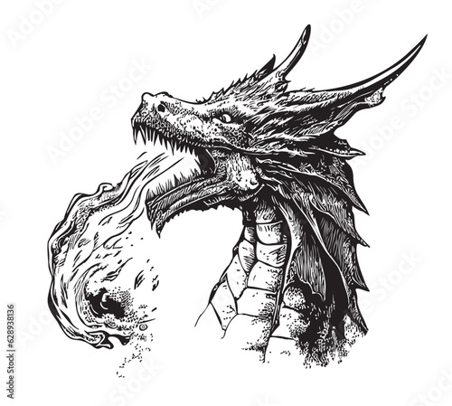 Dragon mystical breathing fire sketch drawn in doodle style illustration