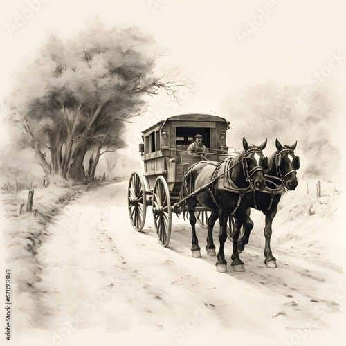 Fototapeta a horse drawn carriage on a road