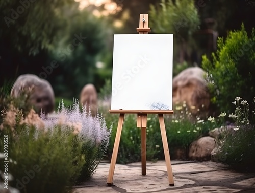 Fotografía a white canvas on a wooden easel in a garden