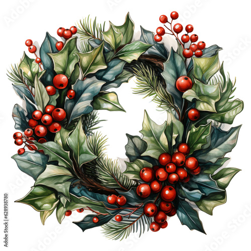 Christmas wreath in watercolor clipart design isolated against transparent background
