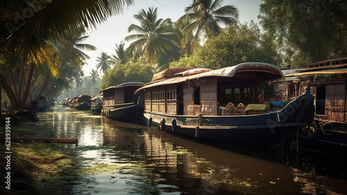 Houseboats on the backwaters of Kerala in Alappuzha. Generative Ai © MDRobiul