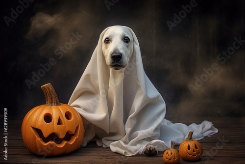 Halloween theme: dog in ghost costume with pumpkins on dark background.Generative Ai © Rudsaphon