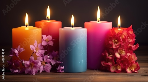 Beautiful candles with flowers on wooden background. Generative Ai