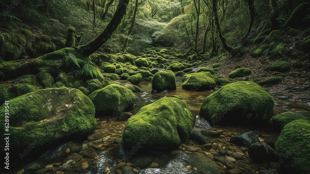 Moss covered stones in a small stream. Surrounded by old trees. Yakushima Island, Japan. Generative Ai