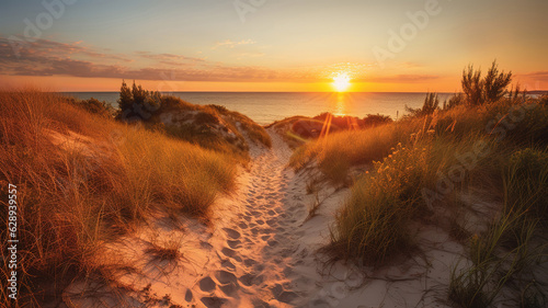 Path To A Summer Sunset Beach. Sandy beach trail leads to a sunny summer horizon. Generative Ai