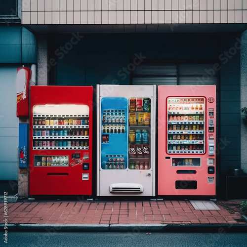 Vending machine for automated trading of consumer goods, equipment for lemonades and single products. Monochrome background, space for text, Generative AI photo