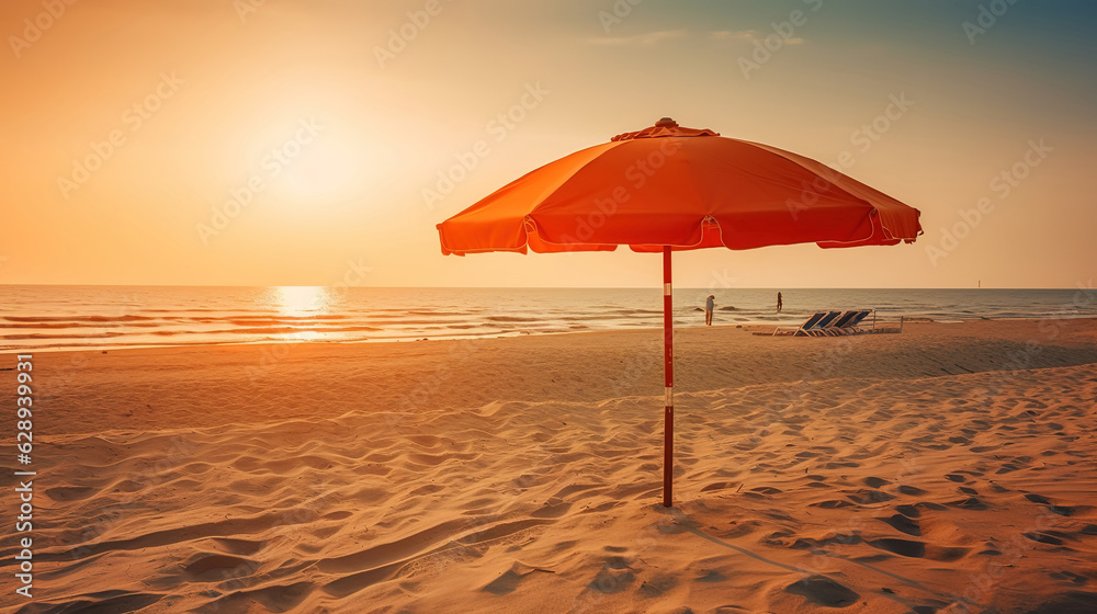 Summer background of umbrella with free space for your decoration on hot sand. Generative Ai