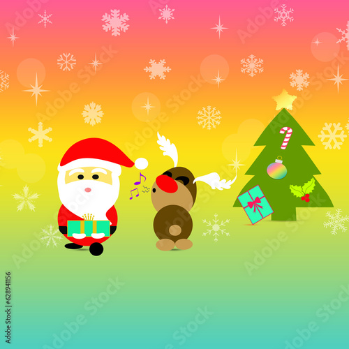 Merry Christmas with Santa Claus Reindeer and Decorated Christmas Tree Graphic Wallpaper Background