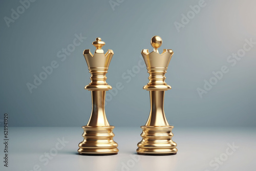 Golden king and queen chess piece. Concept for business competition and strategy. Generative AI