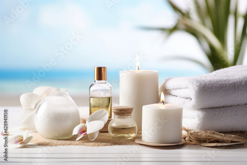Beauty treatment items for spa procedures. Massage stones  essential oil and sea salt. Generative AI