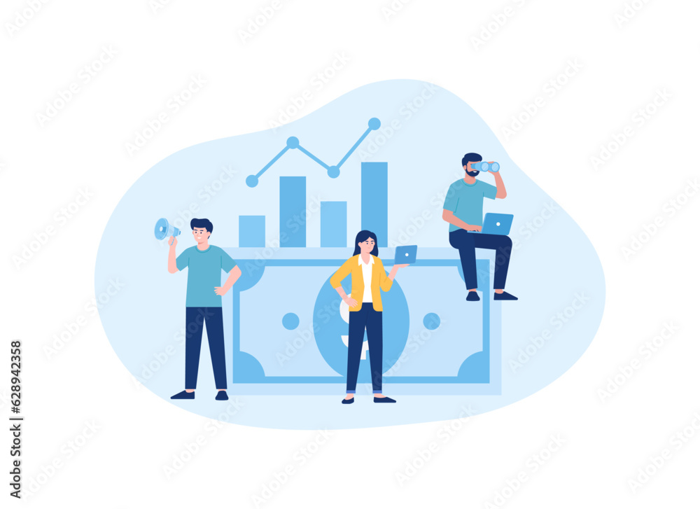 People with stock growth data and dollar bills concept flat illustration People with stock growth data and dollar bills concept flat illustration