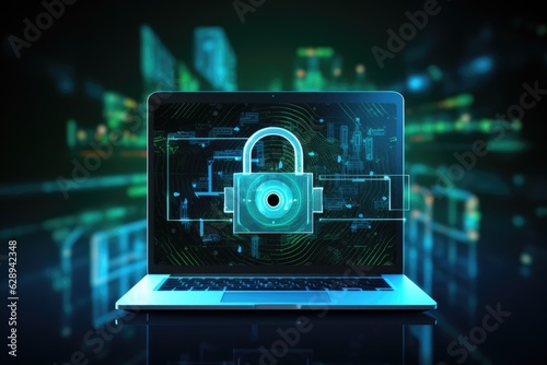 padlock on the notebook screen, green lights blurred background. Cyber security, data protection concept, Generative AI