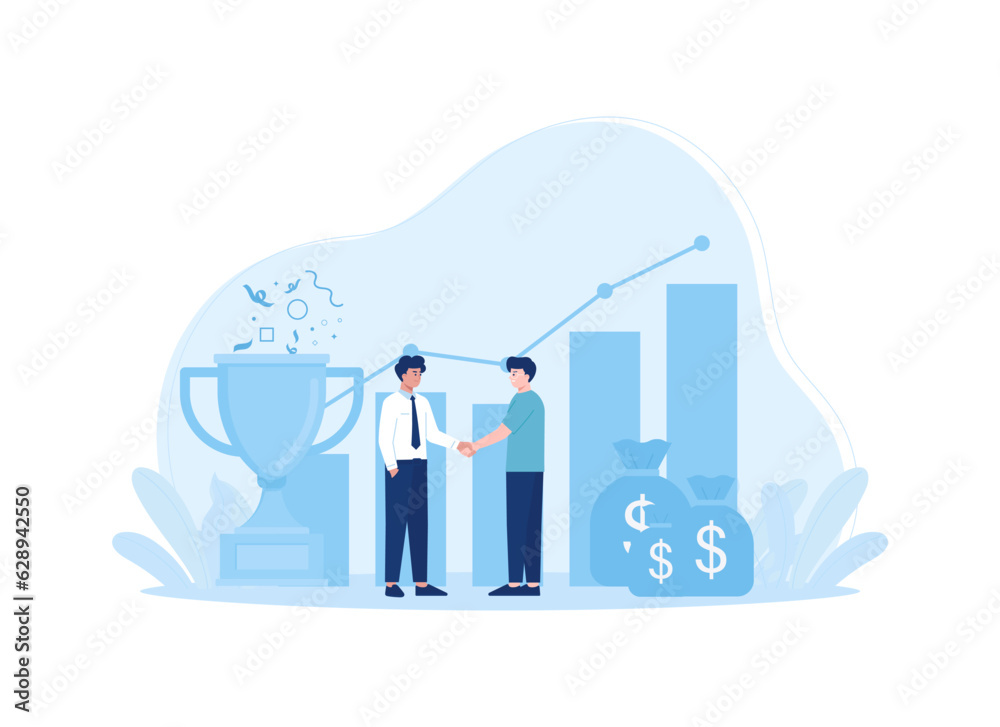 Two people shaking hands with money bag and growth data concept flat illustration Two people shaking hands with money bag and growth data concept flat illustration