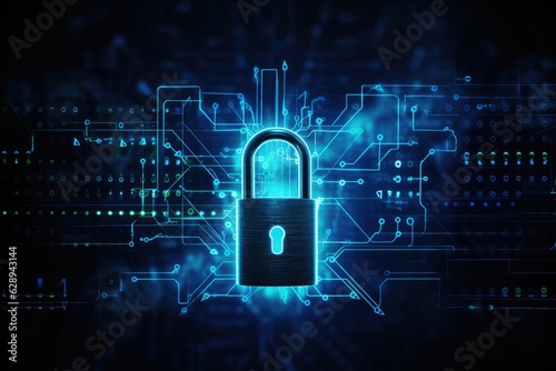 padlock icon on blue lights digital superimposed background, Generative AI