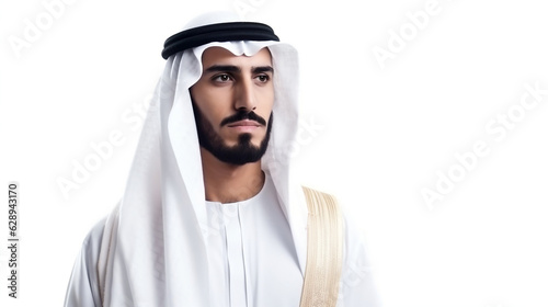 Proud Arab middle eastern Saudi man in traditional. Excited fun man. Isolated on white color background. Generated Ai