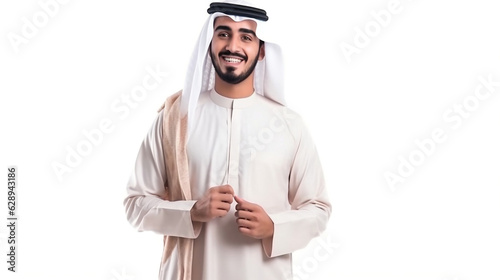 Happy Arab middle eastern Saudi man in traditional. Excited fun man. Isolated on white color background. Generated Ai photo