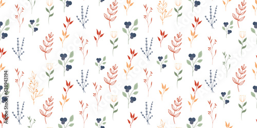 Seamless autumn pattern with blueberry leaves, branches and berries