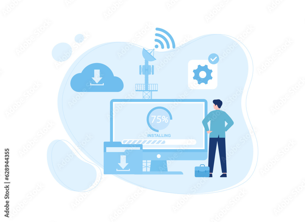 The process of updating a computer with a wifi network concept flat illustration The process of updating a computer with a wifi network concept flat illustration