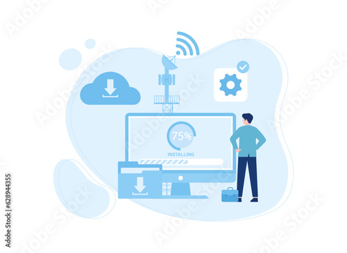The process of updating a computer with a wifi network concept flat illustration