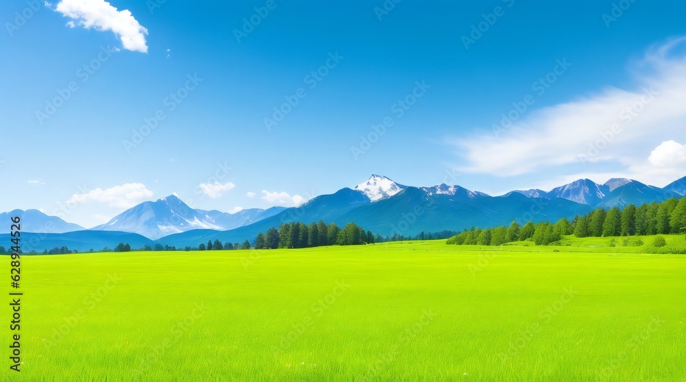 Fototapeta premium Panoramic natural landscape with green grass field, blue sky with clouds and mountains in the background. Panorama summer spring meadow. Generative Ai