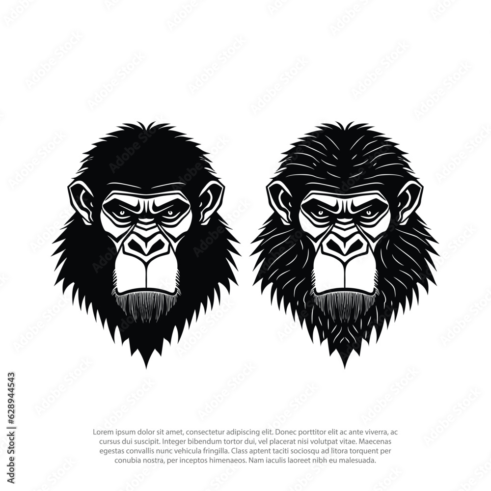 Fototapeta premium Angry gorilla head, apes head, Monkey vector template logo. Black and white logo isolated. Vector illustration, ferocious.