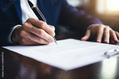 Close up male hands in formal business suit in office at table Caucasian European American businessman man entrepreneur CEO signing contract document employee sign agreement writing paper assignment