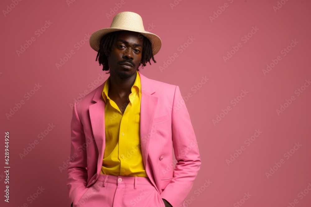 Handsome African American man guy male model in trendy fashionable hat pink suit yellow shirt ethnic businessman isolated on studio background backdrop style fashion business store shop discount Handsome African American man guy male model in trendy fashionable hat pink suit yellow shirt ethnic businessman isolated on studio background backdrop style fashion business store shop discount