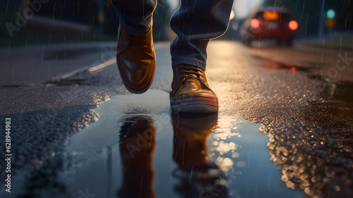 Close-up of man shoes walking on wet street while raining for feeling concept.